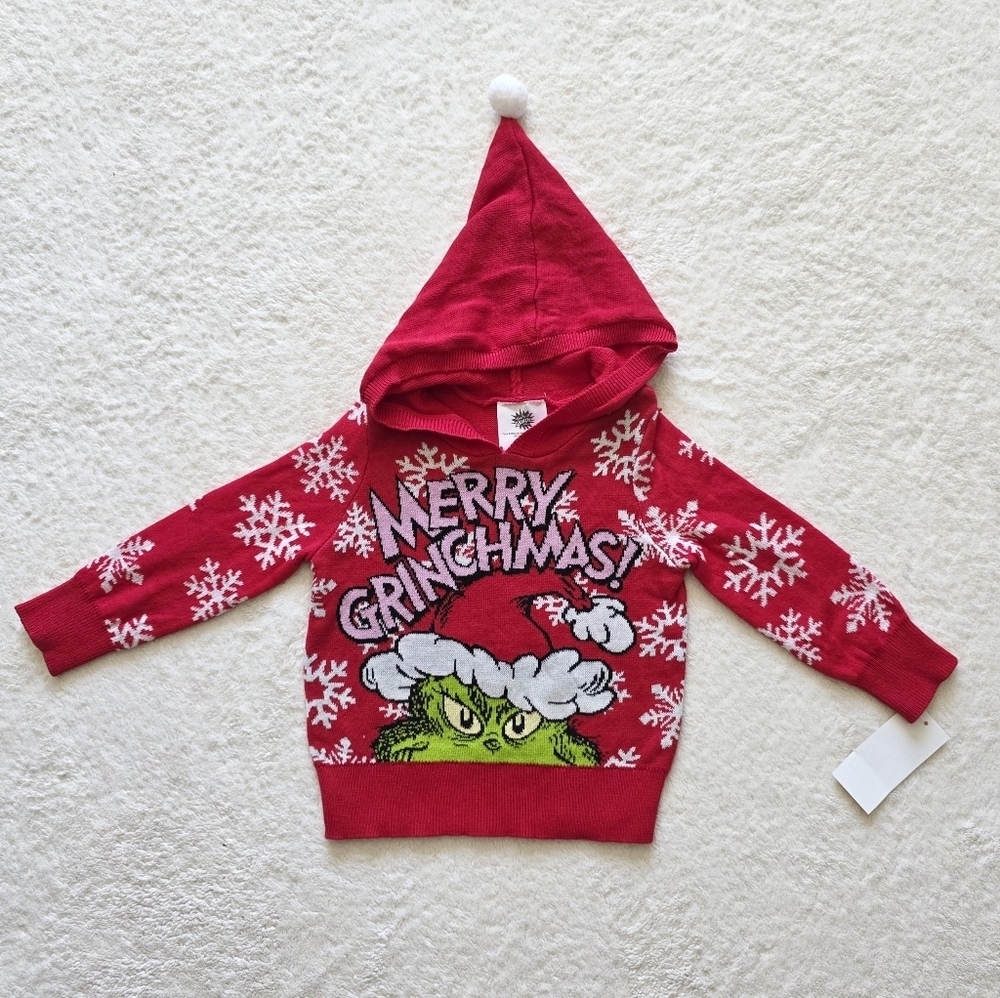 New Toddler Girl's The Grinch Christmas Pullover ugly Sweater with Hood Size 18m